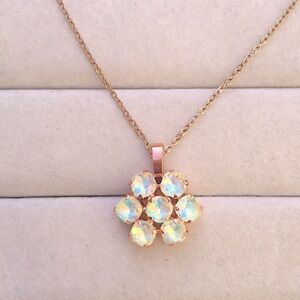 Yellow Opal Aurora Borealis + Rose Gold Crystal Flower Drop  Pendant Necklace